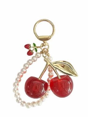 Gold & Red Cherry Pearl Keychain Bag Charm - Women Accessories